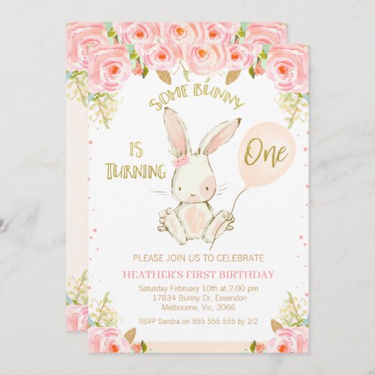 Floral Gold Pink Bunny 1e verjaardag Uitnodiging (Voorkant / Achterkant)