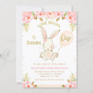 Floral Gold Pink Bunny 1e verjaardag Uitnodiging