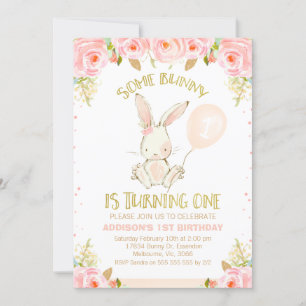 Floral Gold Pink Bunny Pink Ballon 1e verjaardag Kaart