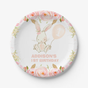 Floral Gold Pink Bunny Pink Ballon 1e verjaardag Papieren Bordje