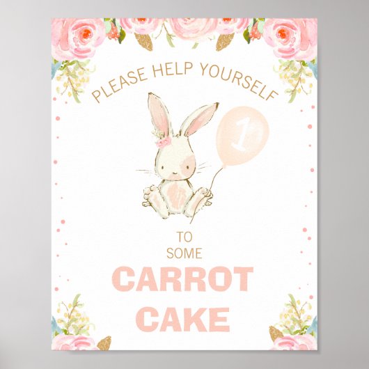 Floral Gold Pink Bunny Pink Ballon 1e verjaardag Poster (Voorkant)