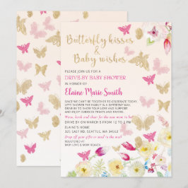 Floral Gold Pink Butterflies drive by Baby shower Kaart