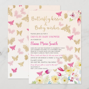 Floral Gold Pink Butterflies drive by Baby shower Kaart