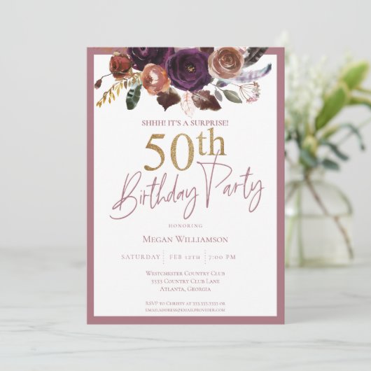 Floral Gold Pink Surprise 50ste verjaardagsfeestje Kaart (Staand voorkant)