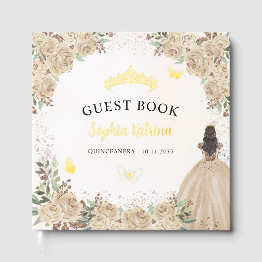 Floral Gold Princess Butterfly Tiara Quinceanera Gastenboek (Voorkant)