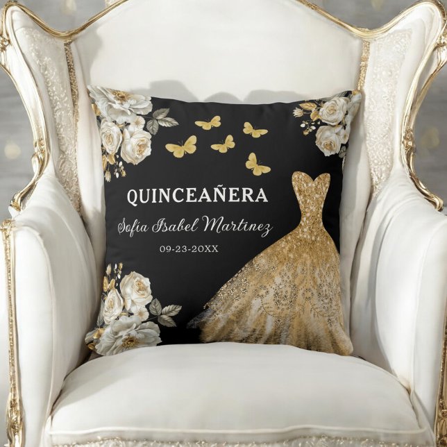 Floral Gold Princess Quinceanera Verjaardag Kussen (Creator heeft geüpload)