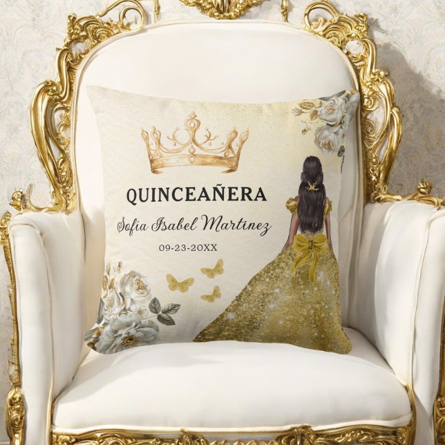 Floral Gold Princess Quinceanera Verjaardag Kussen (Creator heeft geüpload)