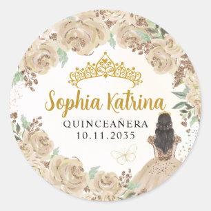 Floral Gold Prinses Quinceanera Verjaardagsgunst Ronde Sticker