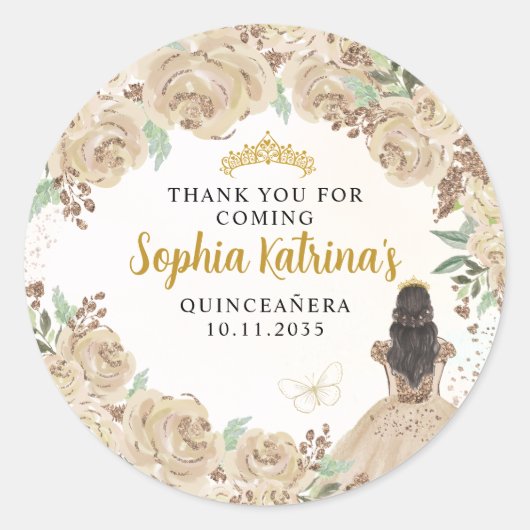 Floral Gold Prinses Quinceanera Verjaardagsgunst Ronde Sticker (Voorkant)