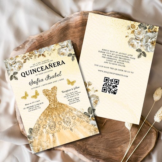 Floral Gold QR Code Princess Quinceanera Kaart