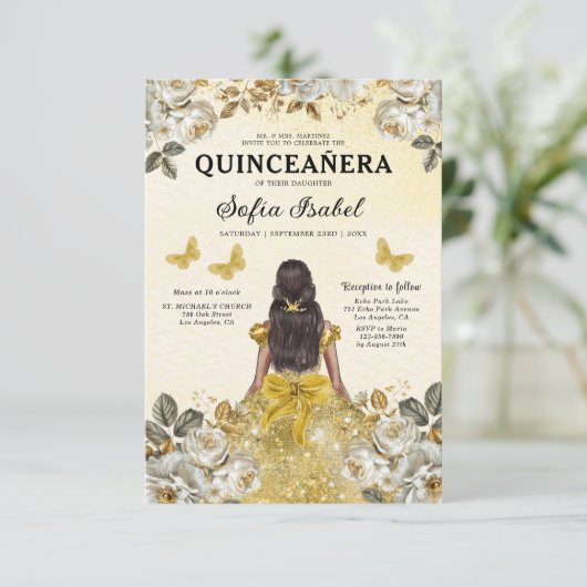 Floral Gold QR Code Princess Quinceanera Kaart (Staand voorkant)