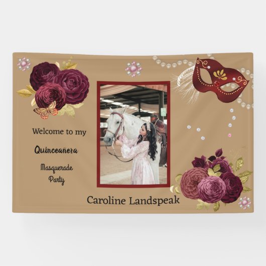 Floral Gold Red Quinceañera Masquerade & Foto Spandoek (Horizontaal)