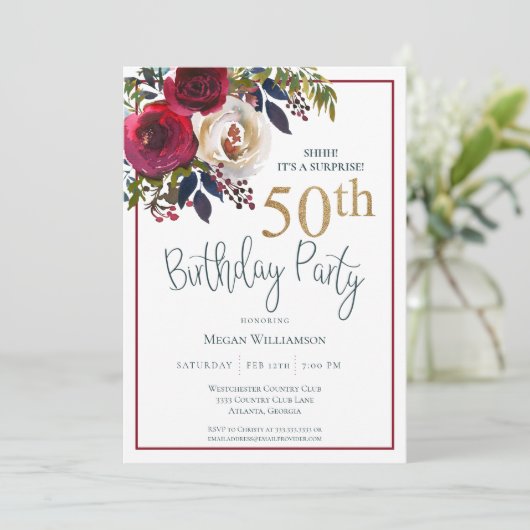 Floral Gold Red Surprise 50e verjaardag Kaart (Staand voorkant)