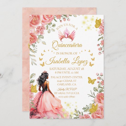 Floral Gold Roos Princess Quinceanera Verjaardag Kaart (Voorkant / Achterkant)