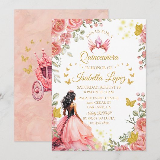 Floral Gold Roos Princess Quinceanera Verjaardag Kaart (Voorkant / Achterkant)