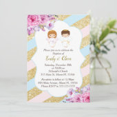 Floral Gold Roze Blauwe Tweeling Doop Uitnodiging (Staand voorkant)