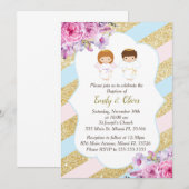 Floral Gold Roze Blauwe Tweeling Doop Uitnodiging (Voorkant / Achterkant)