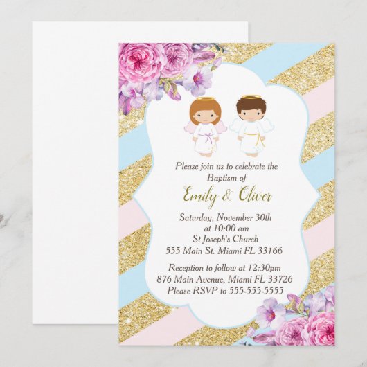 Floral Gold Roze Blauwe Tweeling Doop Uitnodiging (Voorkant / Achterkant)