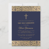 Floral Gold Rozen Cross Navy Blue Eerste Communie Kaart (Voorkant)