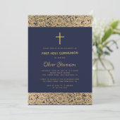 Floral Gold Rozen Cross Navy Blue Eerste Communie Kaart (Staand voorkant)