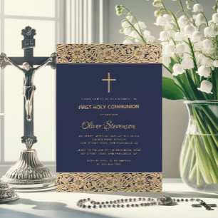Floral Gold Rozen Cross Navy Blue Eerste Communie Kaart