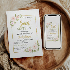 Floral Gold Script Sweet Sixteen Birthday  Kaart