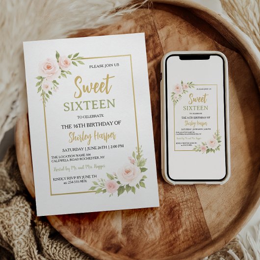 Floral Gold Script Sweet Sixteen Birthday  Kaart