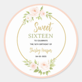 Floral Gold Script Sweet Sixteen Birthday  Ronde Sticker