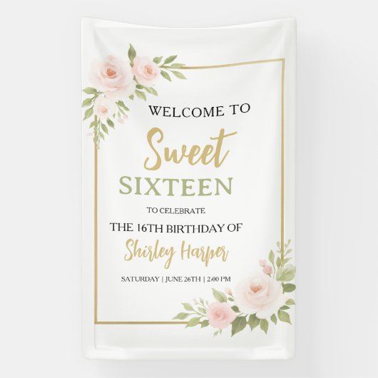 Floral Gold Script Sweet Sixteen Birthday Spandoek (Verticaal)