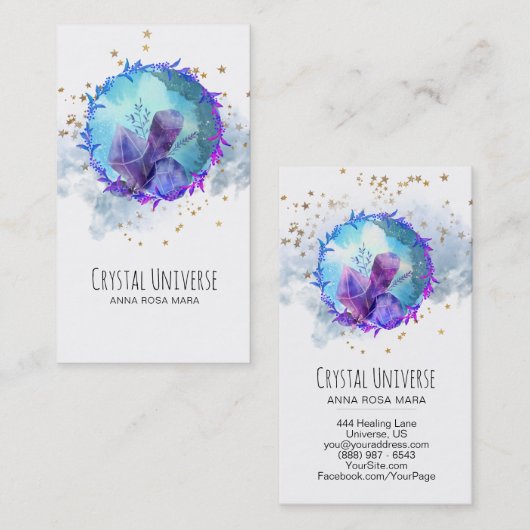 *~* Floral Gold Stars Crystal Gemstone Universe Visitekaartje (Voorkant / Achterkant)