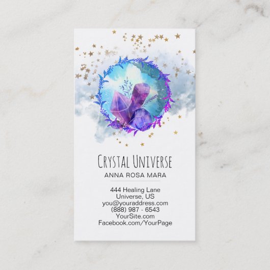 *~* Floral Gold Stars Crystal Gemstone Universe Visitekaartje (Achterkant)