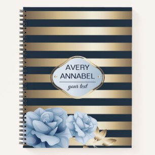 Floral Gold Stripe middernacht blauw Notitieboek