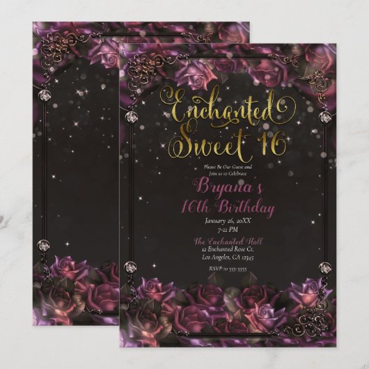 Floral Gold Sweet 16-partij met Rozen van Berry Kaart (Voorkant / Achterkant)