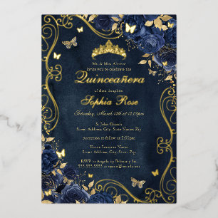 Floral Gold Swirl Butterfly Navy Quinceanera Folie Uitnodiging