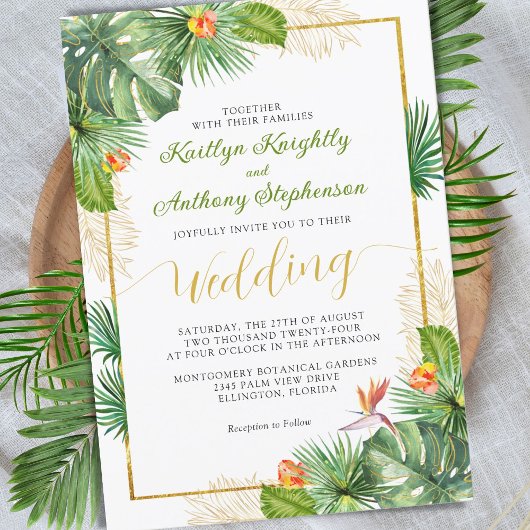 Floral Gold tropical Wedding Waterverf Kaart