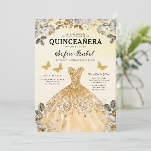 Floral Gold Tweetalige Spaanse Quinceanera Kaart (Staand voorkant)