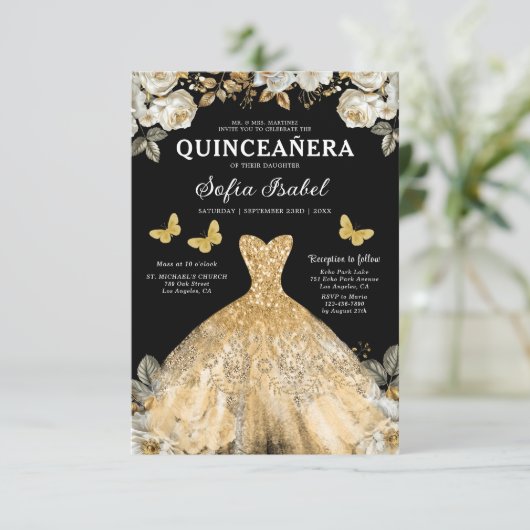 Floral Gold Tweetalige Spaanse Quinceanera Kaart (Staand voorkant)