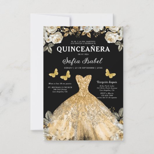 Floral Gold Tweetalige Spaanse Quinceanera Kaart (Achterkant)