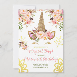 Floral Gold Unicorn face Birthday Invitation Kaart