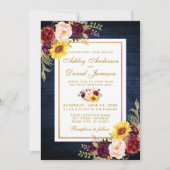 Floral Gold Wedding Rustic Blue Wood Waterverf Kaart (Voorkant)