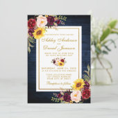 Floral Gold Wedding Rustic Blue Wood Waterverf Kaart (Staand voorkant)