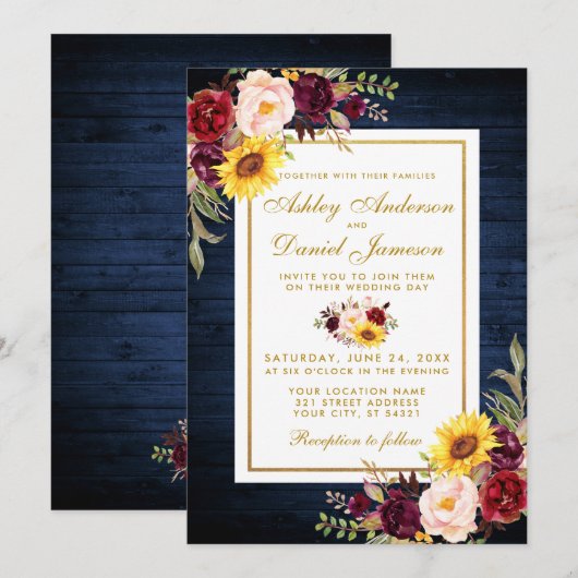 Floral Gold Wedding Rustic Blue Wood Waterverf Kaart (Voorkant / Achterkant)