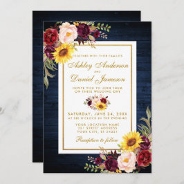 Floral Gold Wedding Rustic Blue Wood Waterverf Kaart