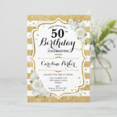 Floral Gold White Foto 50e Verjaardag Kaart (Staand voorkant)