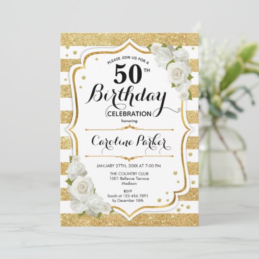 Floral Gold White Foto 50e Verjaardag Kaart (Staand voorkant)