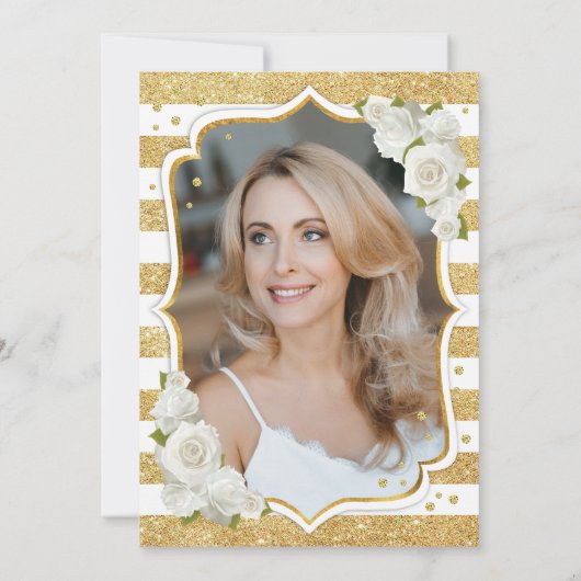 Floral Gold White Foto 50e Verjaardag Kaart (Achterkant)