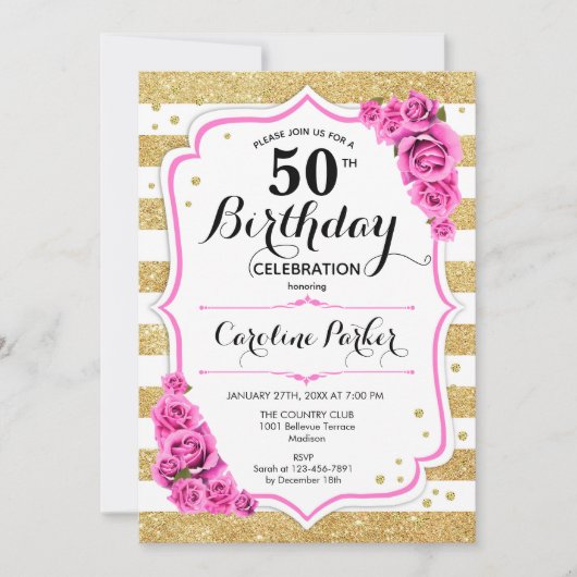 Floral Gold Wit Roze Foto 50e Verjaardag Kaart (Voorkant)