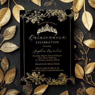Floral Gold Zwart  Quinceanera Folie Uitnodiging