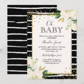Floral Gold Zwart Wit Oh Baby shower Uitnodiging (Voorkant / Achterkant)