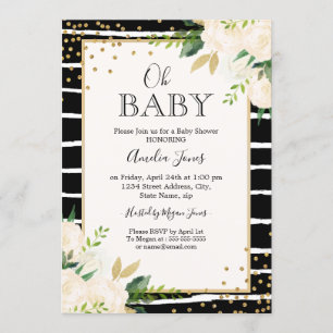 Floral Gold Zwart Wit Oh Baby shower Uitnodiging